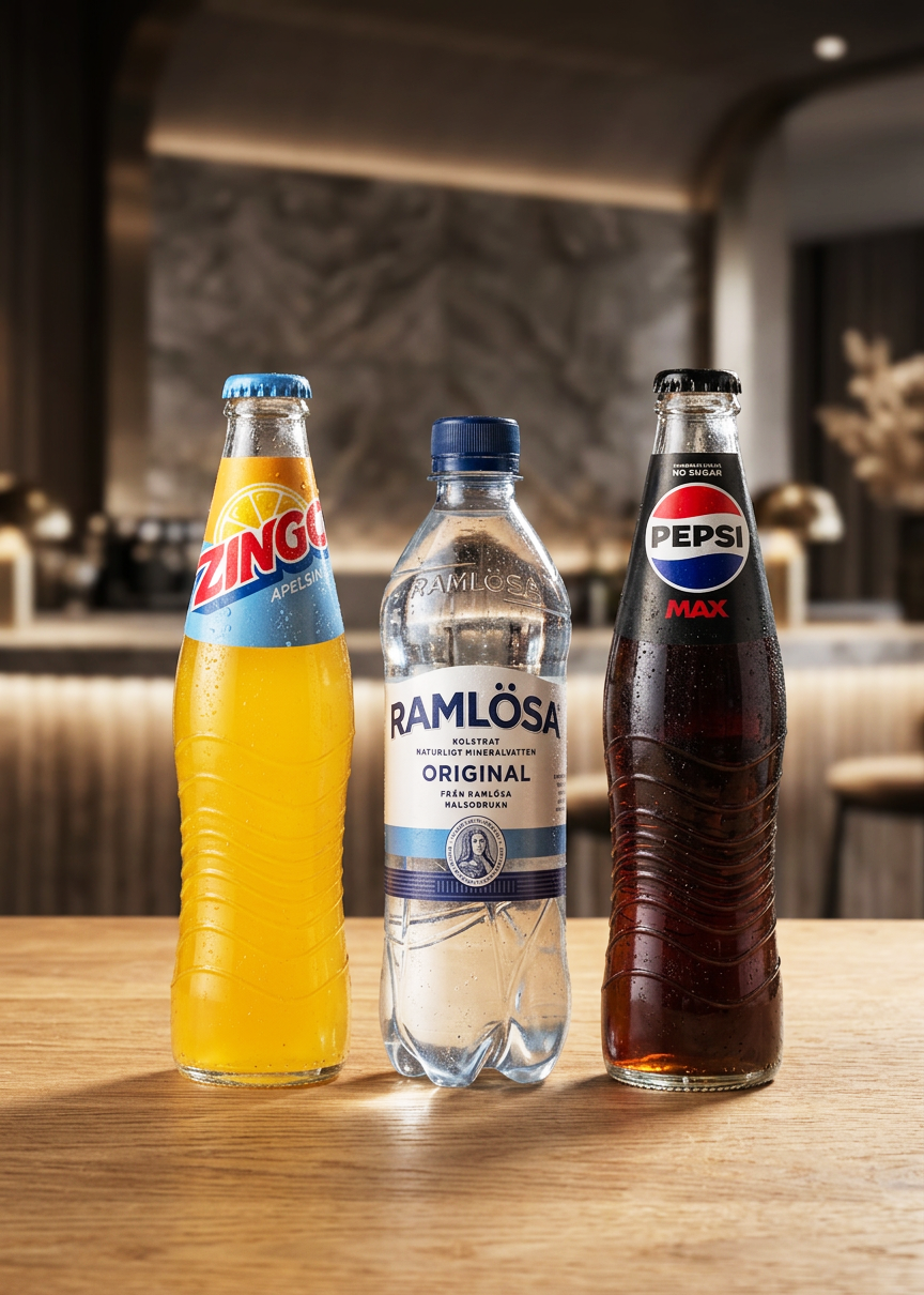 Läsk och mineralvatten från Pepsi, Zingo och Ramlösa på restaurangbord.